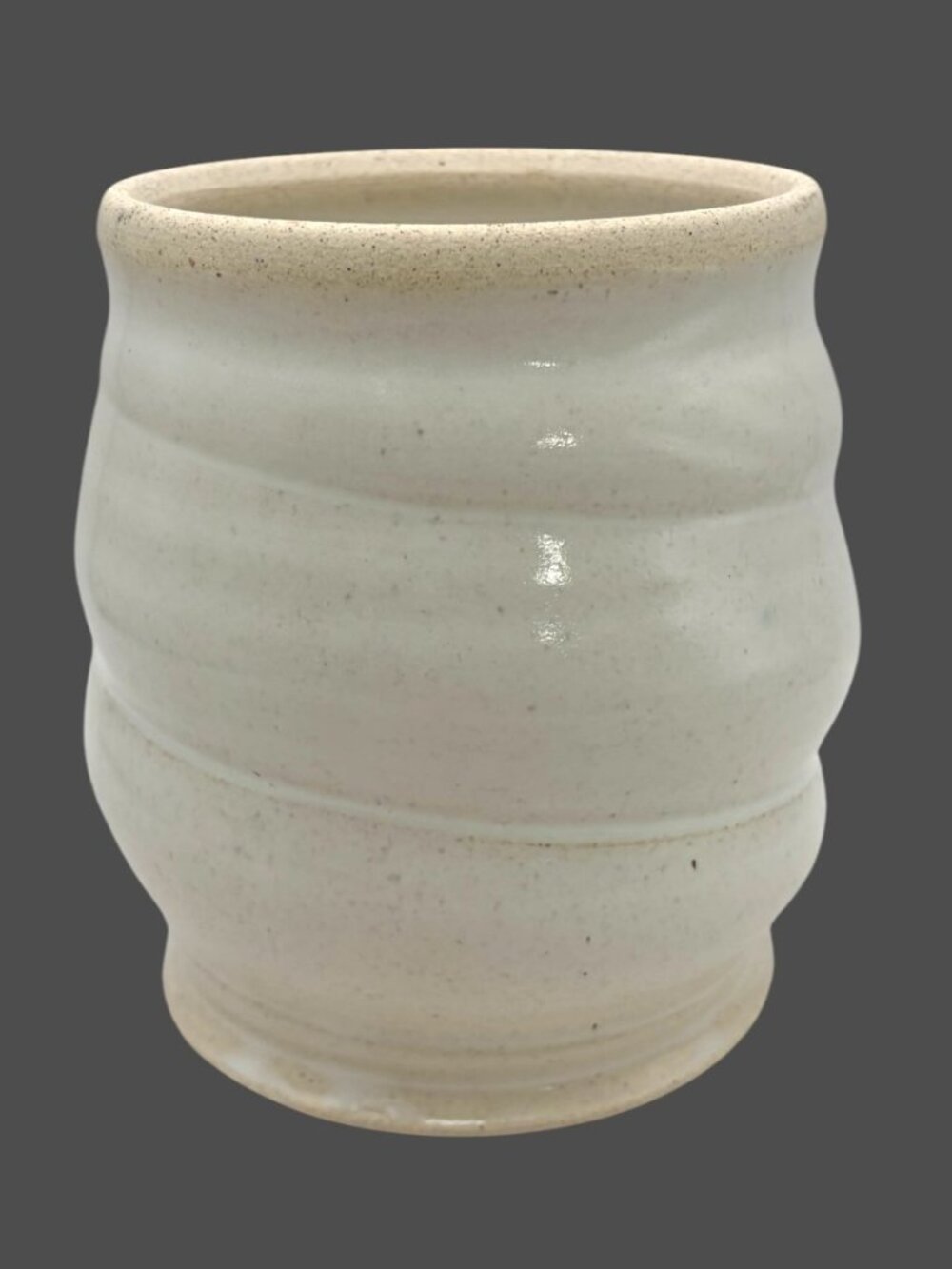 Signed Studio Pottery Utensil Crock Vase Cream Speckled Ribbed Stoneware 5.75"
